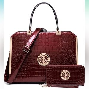 Dasein large satchel hand bag. In wine color with wallet. Work hand bag